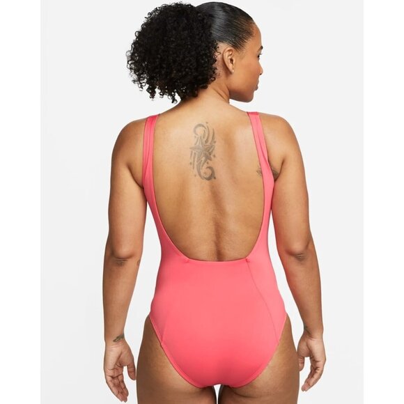 NIKE Essential One Piece Swimsuit Women Small Coral Pink Wide Strap U-Back - Picture 2 of 11